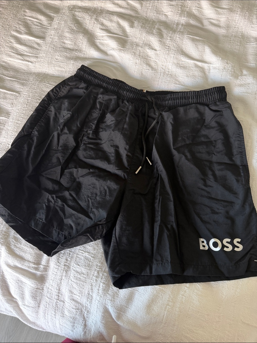 Boss Black Athletic Drawstring Shorts with White Logo